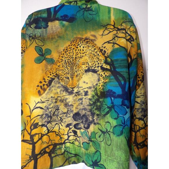 Kaktus USA Linen Top Blouse Button up Cheetah Animal Africa Trees Art to Wear Co - Picture 4 of 15